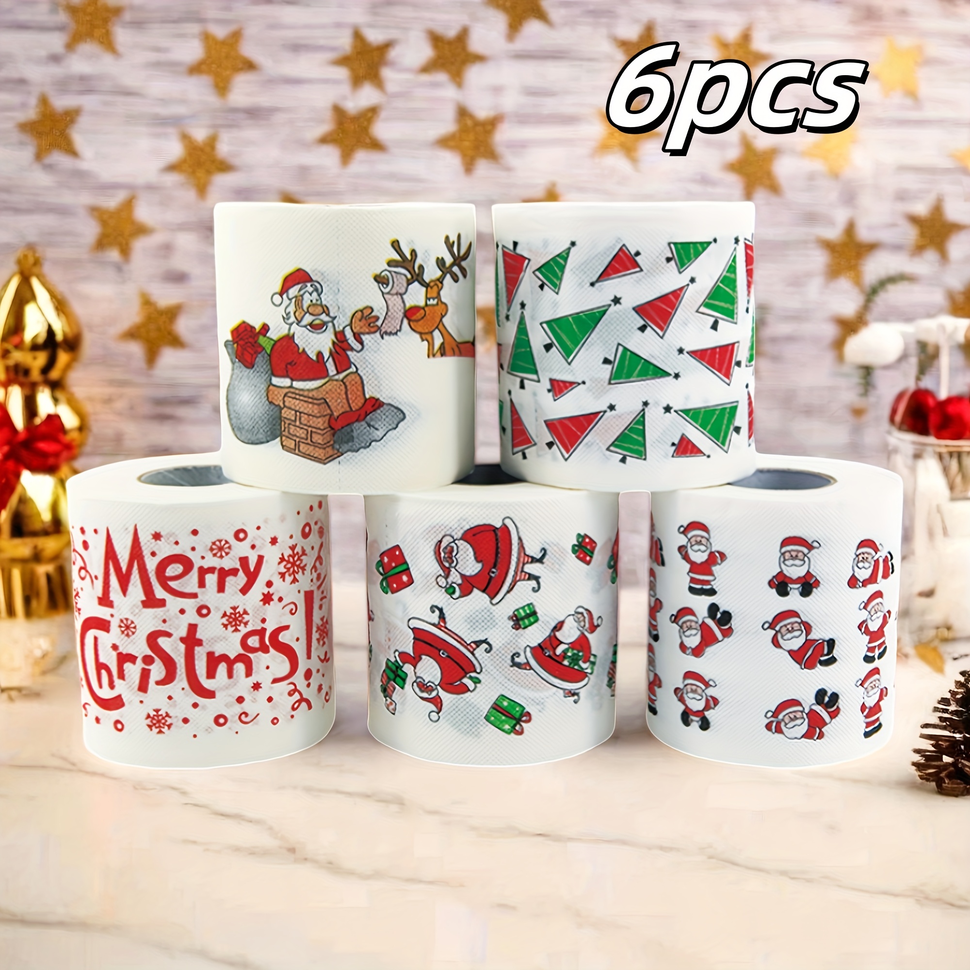 Image of 2/3/6 Roll Christmas Toilet Paper - Festive Santa Reindeer Snowflake Designs, Wood , & Fragrance-free For Home Office Bathroom Party Rv Outdoor Holiday Decor