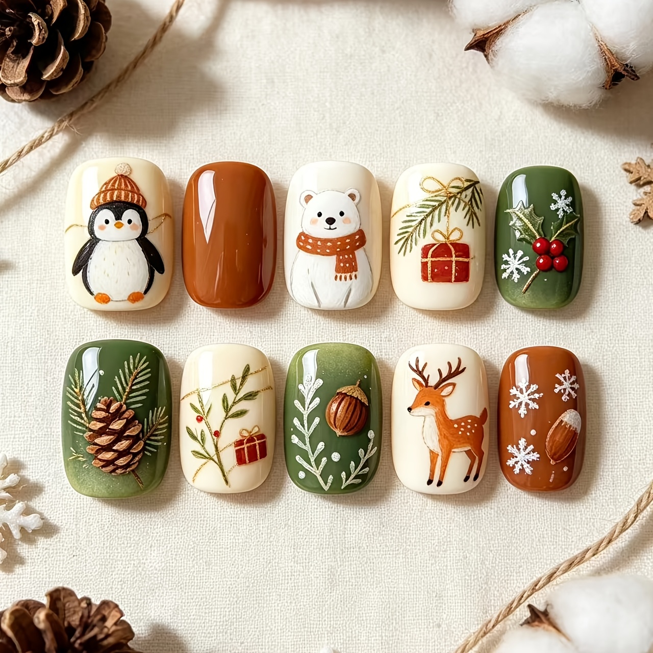 TEMU 24 Stück Weihnachten Warme Farbe Wald Kurze Quadratische Aufdrück-Nägel, Karamellbraun, & Cremeweiß Strukturierte Nageloberfläche, Handbemalte