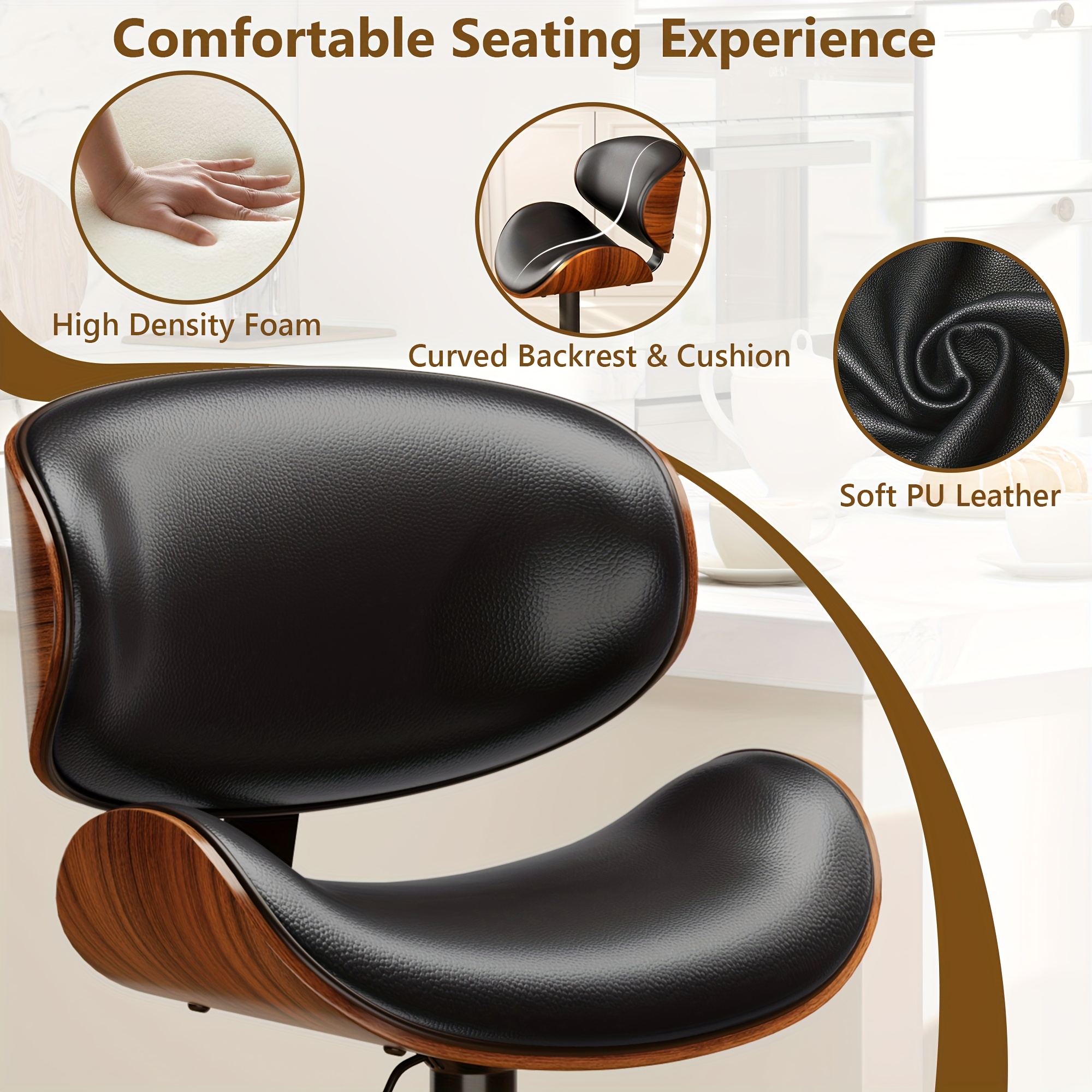 adjustable rotating bar stool set featuring pu leather cushioned seats ergonomic backrest footrest and sturdy base suitable for kitchen counters and dining areas Product details 1