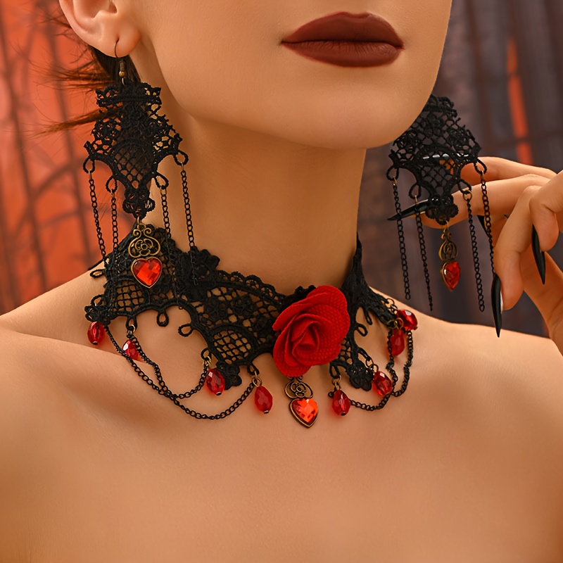 3pcs Gothic Halloween Lace Earrings And Necklace Set For Women