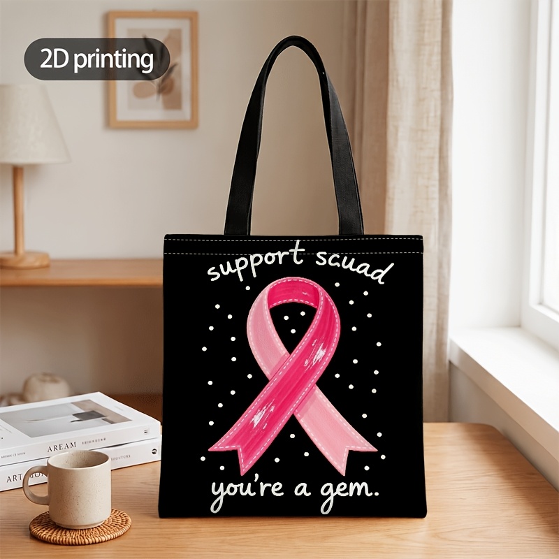 TEMU Sac bandoulière et sac à main plat 2D pour hommes et femmes, sac bandoulière et tote bag unisexe, noir avec ruban de sensibilisation rose et