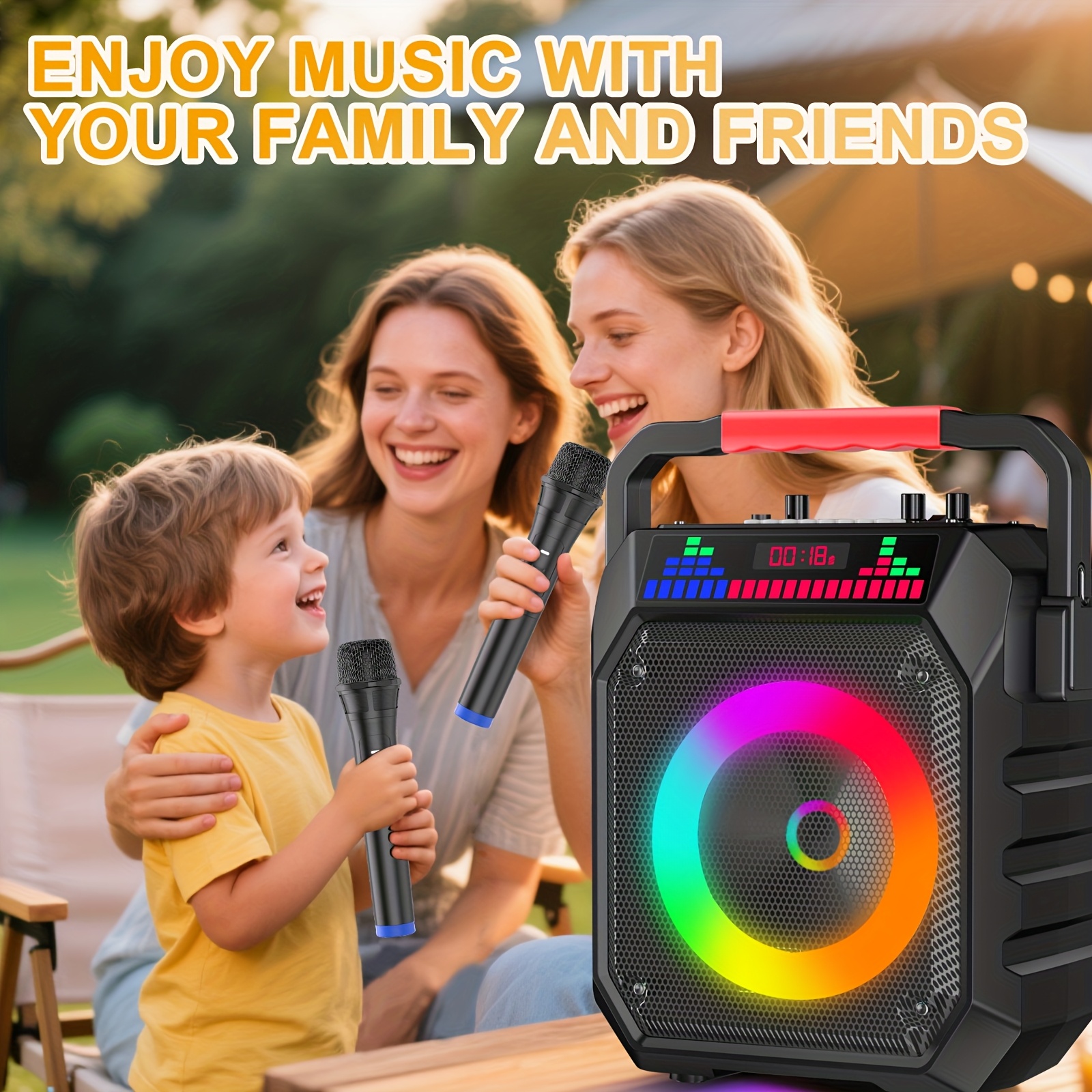 TEMU Karaoke Machine With 2 Wireless Microphones, Portable Speaker With Led Lights For Karaoke Machine For Adults And Kids, Supports Bt/usb Pa System For Home Singing Outdoor Party, Music Gifts.