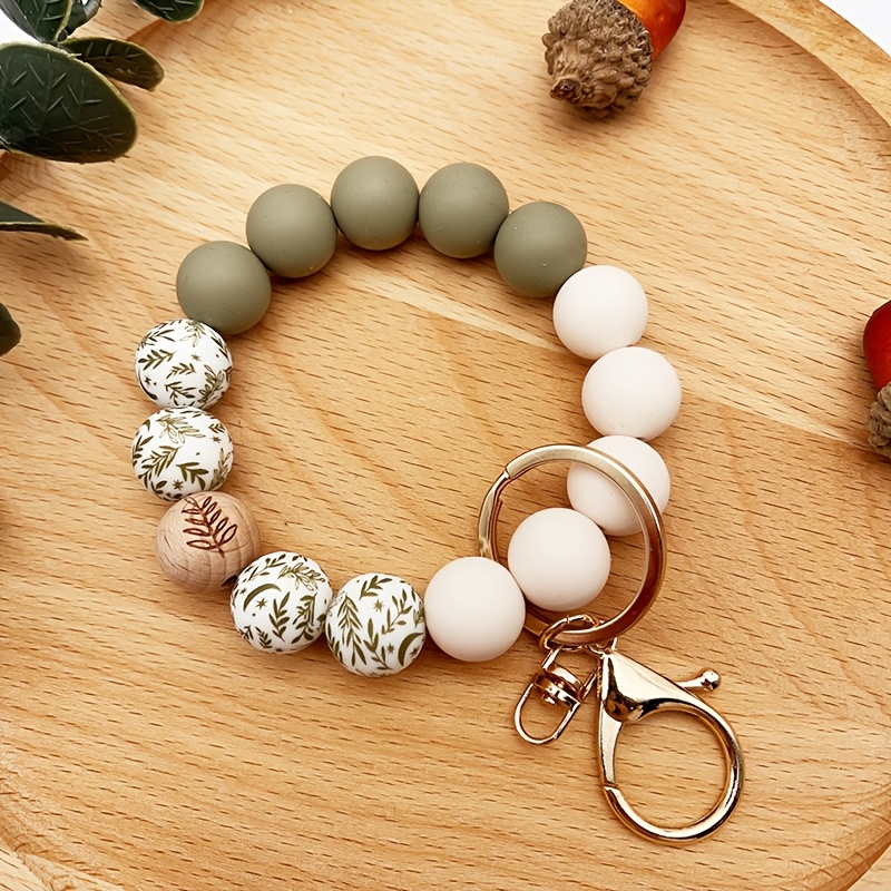 Image of Ladies Round Beaded Key Ring, Silicone, With Flower Print, Lobster Clasp, For Valentine's Day, Festival Gift, Girlfriend