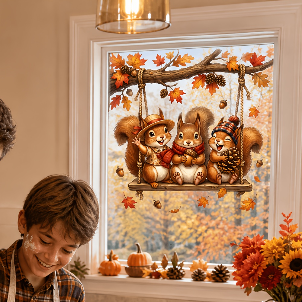 TEMU 1pc Autumn Swing Squirrel Window Sticker 3pcs Cartoon Squirrels On Swing Pattern Autumn Thanksgiving Home Shop Window Self-adhesive Decoration