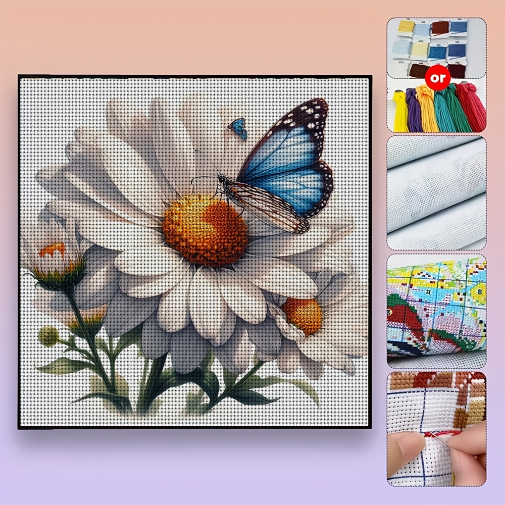 DIY Cross Stitch Printed Kit, Frameless, "White Daisy And Blue Butterfly" Pattern