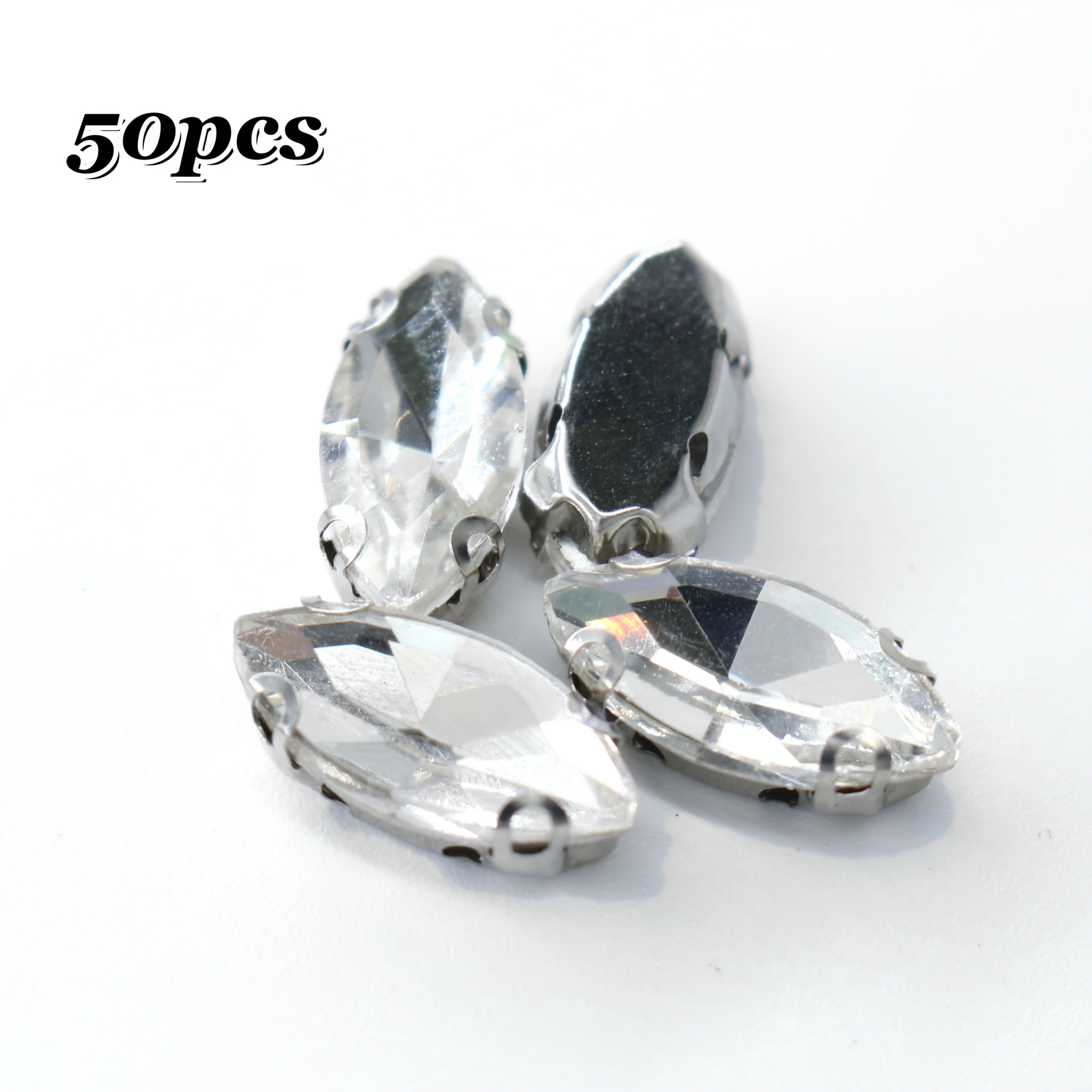 50 White Glass Rhinestones With D-shaped Claws, Measuring 7*15mm, Perfect For Decoration. Shiny Embellishments Are Suitable For Clothing, Cars, Holidays, Parties, And Gifts
