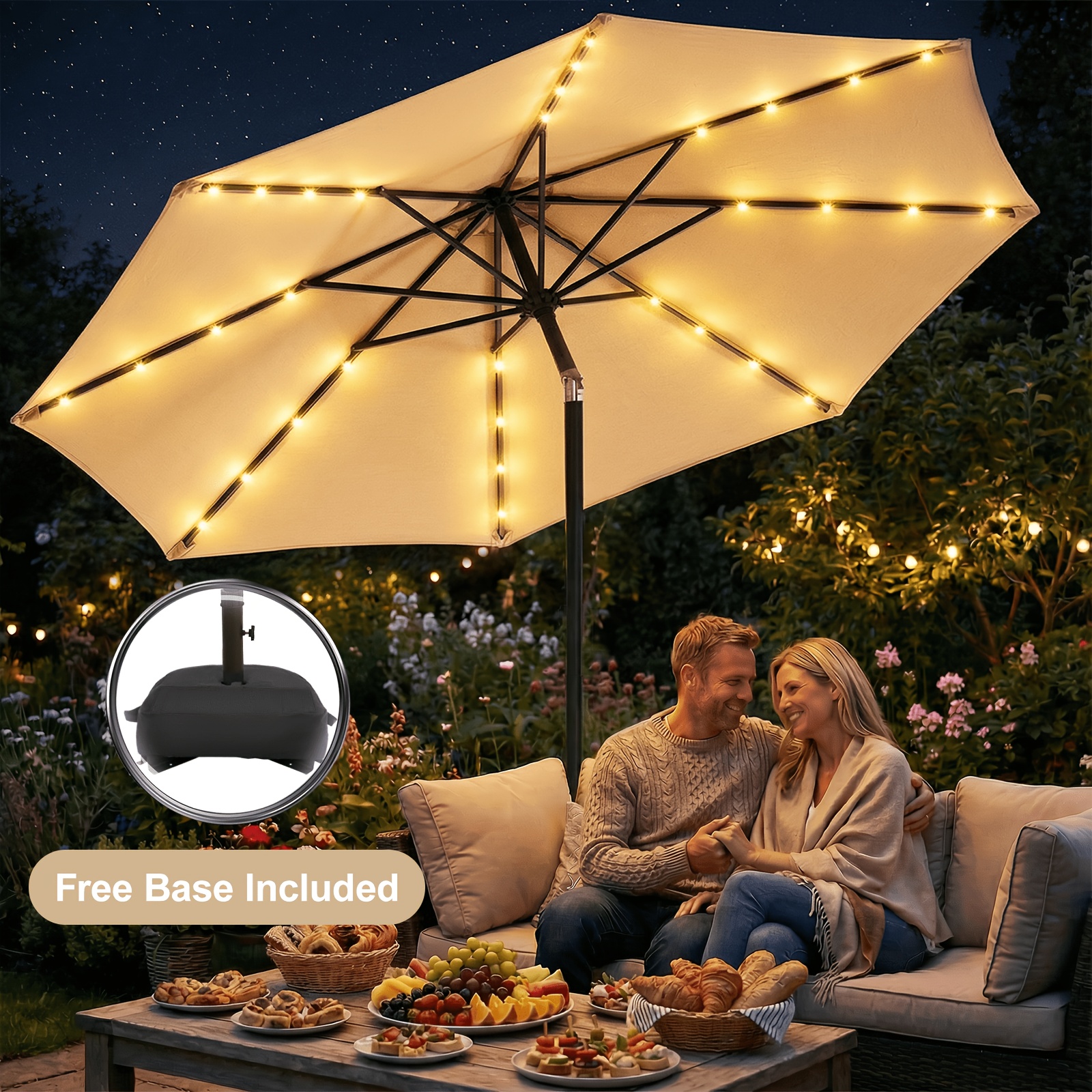 [Christmas & Halloween] Deluxe 32 LED Lighted Patio Umbrella - Navy Blue/Beige/Red/Brown, Solar 10Ft Market Umbrella with Base, Outdoor Table Umbrella with Ventilation, Solar Umbrella with Push Button Tilt/Crank for Garden, Deck, Backyard, Pool, Christmas & Halloween