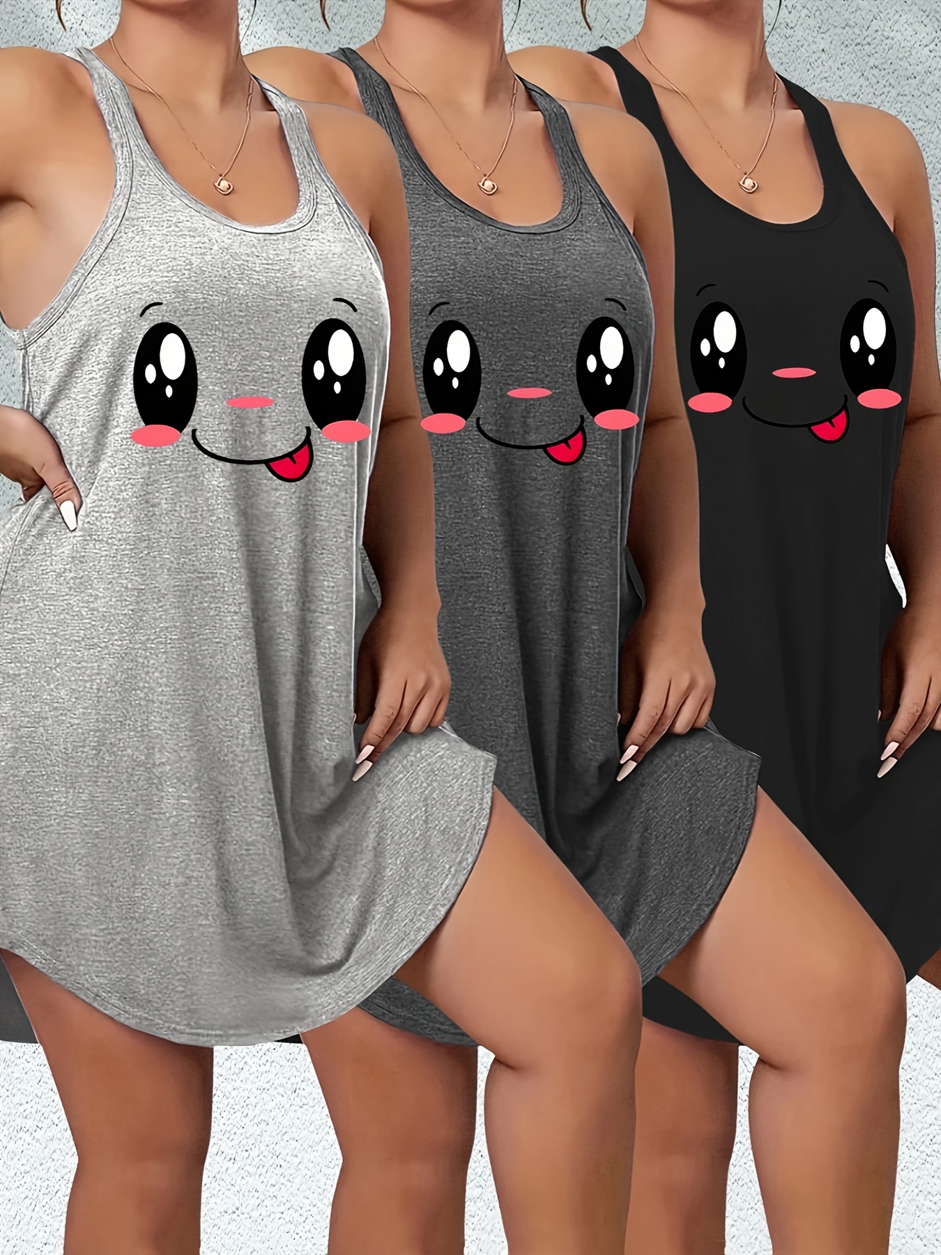 3pcs plus size womens tank dresses cute cartoon face print - Temu, image size:800x1067