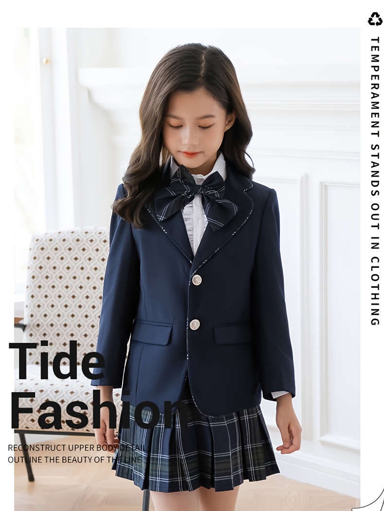 Girls 3-piece Formal Stylish School Uniform Outfit, Long Sleeve Lapel  Collar Button Up Jacket Shirt Plaid Pattern Skirt For School  Performance