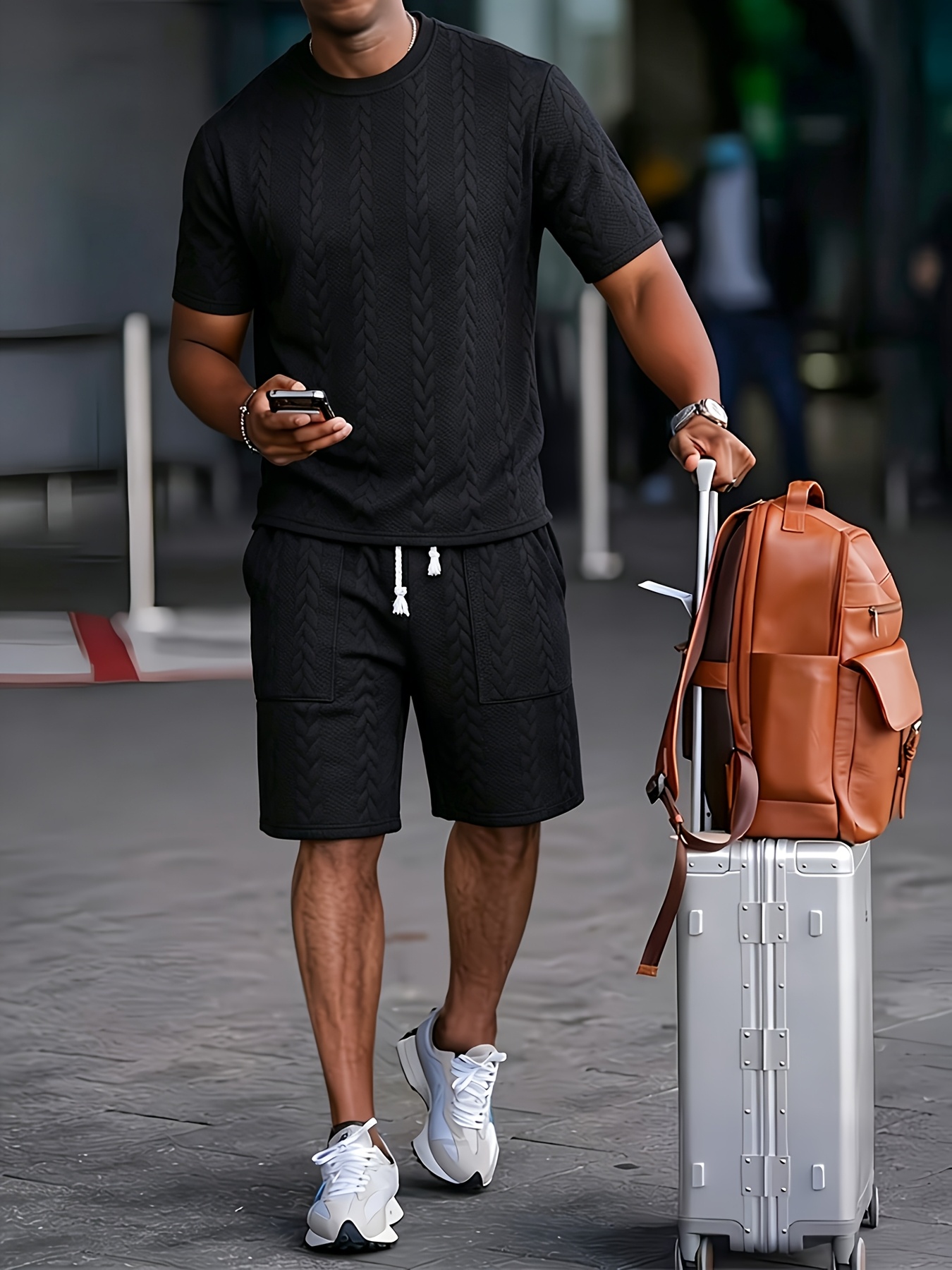Men's Checkered Knit Jacquard Shirt and Comfortable Shorts Set