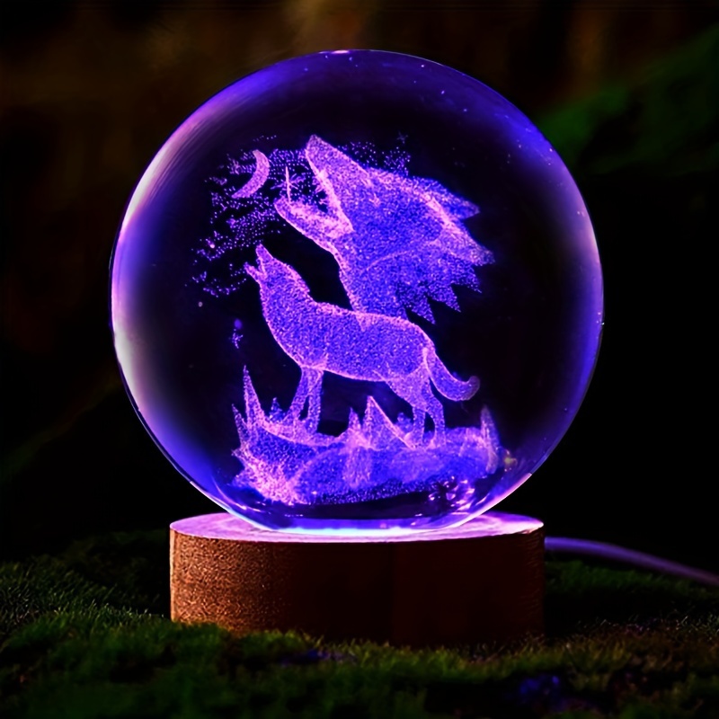 

3d Howling Wolf Laser Carved Crystal Ball Statue Night Light, Birthday Gift, Home Decor, Party Decoration, Thanksgiving Gift Indoor Statue Light For Hotel Eid Al-adha Mubarak