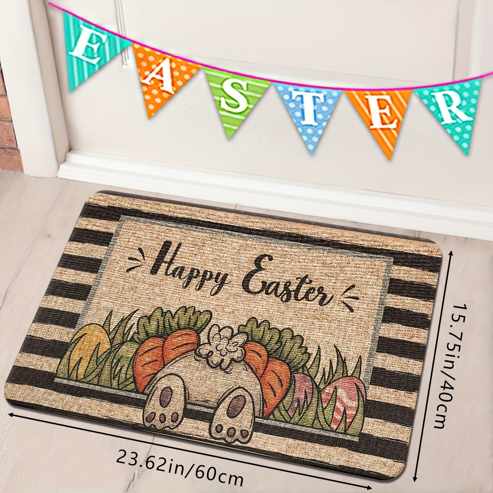 TEMU 1pc Of Spring Easter Striped Rabbit And Carrot Printed Doormat, Soft And Absorbent Non-slip Kitchen Mat For Home Use, Festive Decorative Mat For