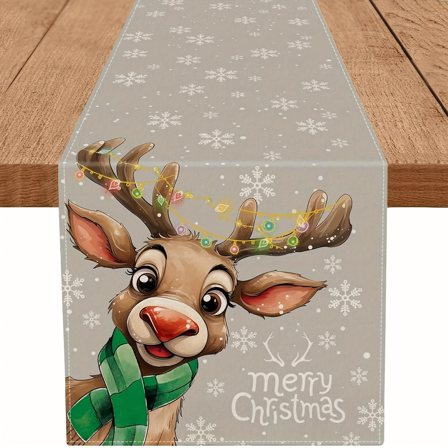 1pc Reindeer Christmas Table Runner - Gray Linen Holiday Decor With Merry Christmas Design, Indoor/outdoor Dining & Party Decorations (13x48/72/108 Inch), Christmas Decorations