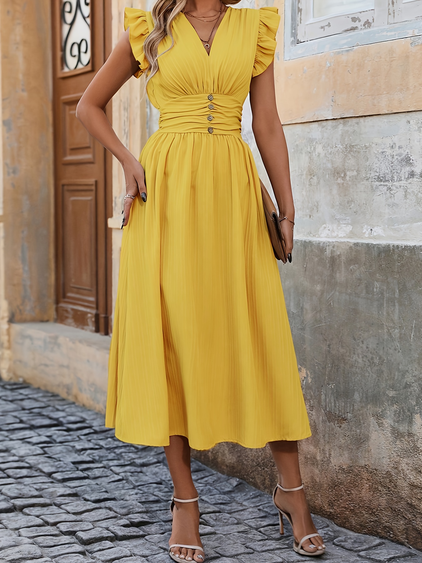 knee length dresses for ladies Andreeva Butter Yellow Metallic Knit Dress main image 0