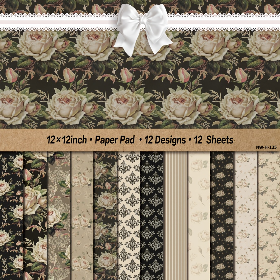 TEMU 12/24 Feuilles 12×12", Bloc de Papier Scrapbooking, Motif Vintage pour Scrapbooking, Papier Cartonné pour Loisirs Créatifs, Fournitures DIY pour