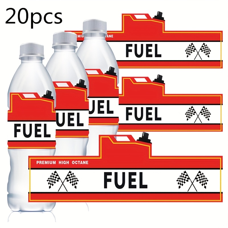 20pcs Of Fuel Bottle Labels For Car Water Bottles - Racing Theme, Glossy Finish, Self-adhesive, Single Use, Rectangle Shape, English Text, Stripes Pattern, Suitable For Plastic Surfaces