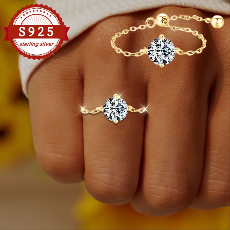 Image of 1pc, S925 Silver, Round Synthetic Zirconia Ring, Adjustable With Drawstring, , Suitable For Women' Wear, Vacation Wear, Hypoallergenic