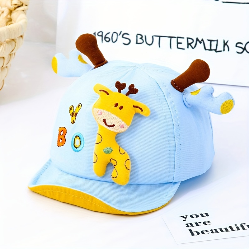 

1pc Adjustable Soft Breathable Cotton Sun Cap, Cartoon Giraffe Design Sun Hat With Yellow Brim, For 3 Months To 2 Years Old