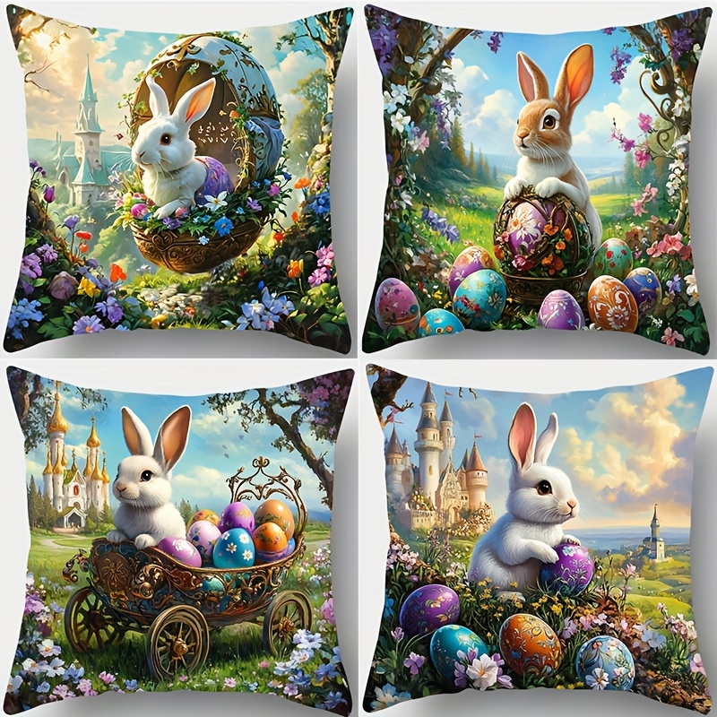 

4-pack Vintage Easter Bunny Pillow Covers, 17.72"x17.72" Polyester Zippered Cushion Cases, Machine Washable, Handcart & Print, Home Sofa & Bedroom Decor