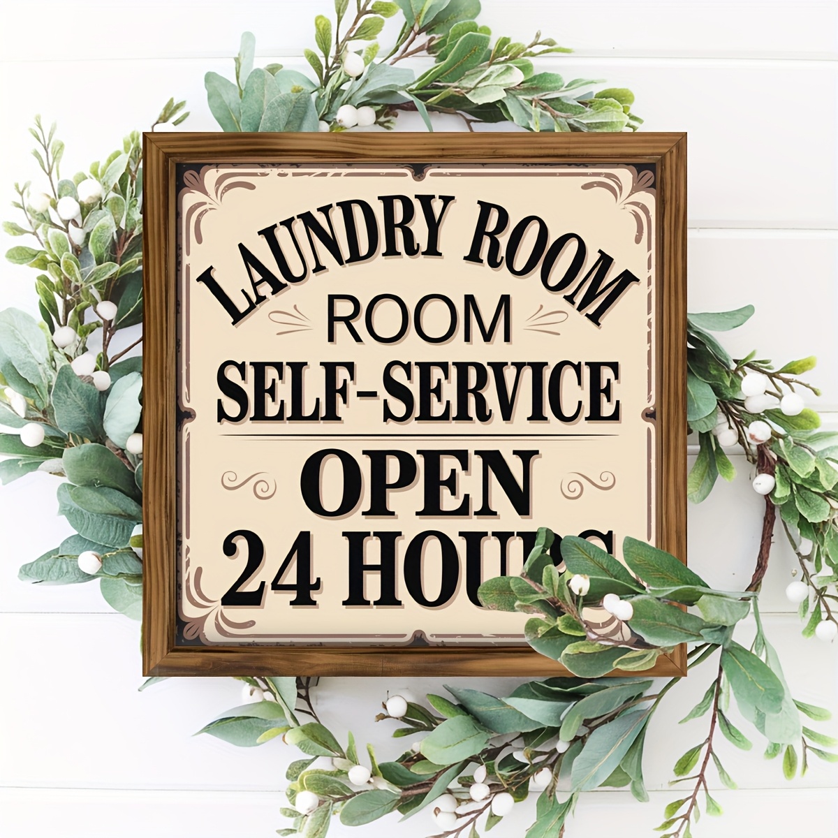 TEMU 1pièce Vintage Buanderie Auto-Service Ouvert 24 Heures Cadre - Décoration Murale Rustique en Bois avec Accents Floraux, 8x8 Pouces, Parfait pour