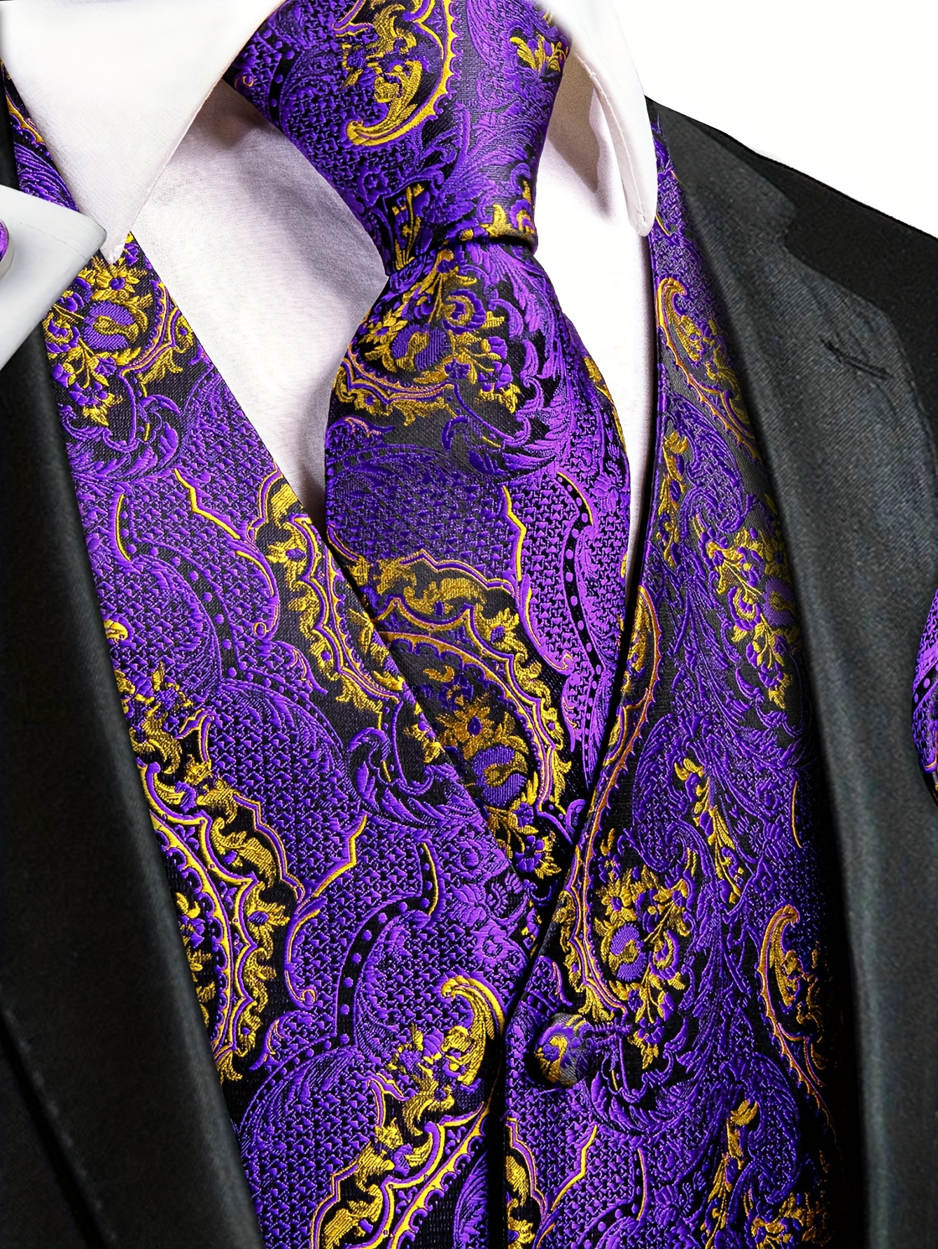 Men's Paisley Graphic Print V Neck Waistcoat & Necktie & Handkerchief & Cufflinks 4-piece Set For Party/wedding/formal Prom