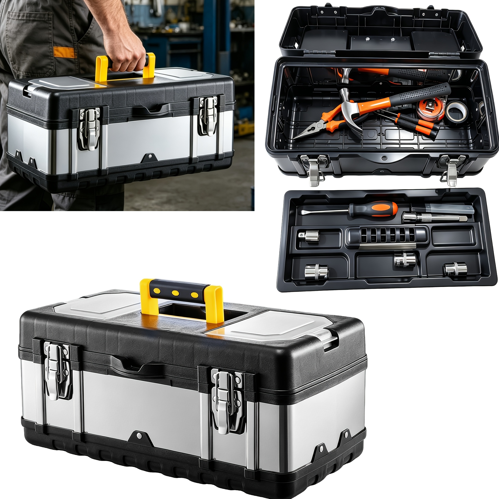 Storage Heavy Duty Stainless Steel Portable Toolbox With Metal Dual Latch Removable Tray Storage Case With Tray And Latch For Small Parts For Tools - 40 X 18 X 18 Cm