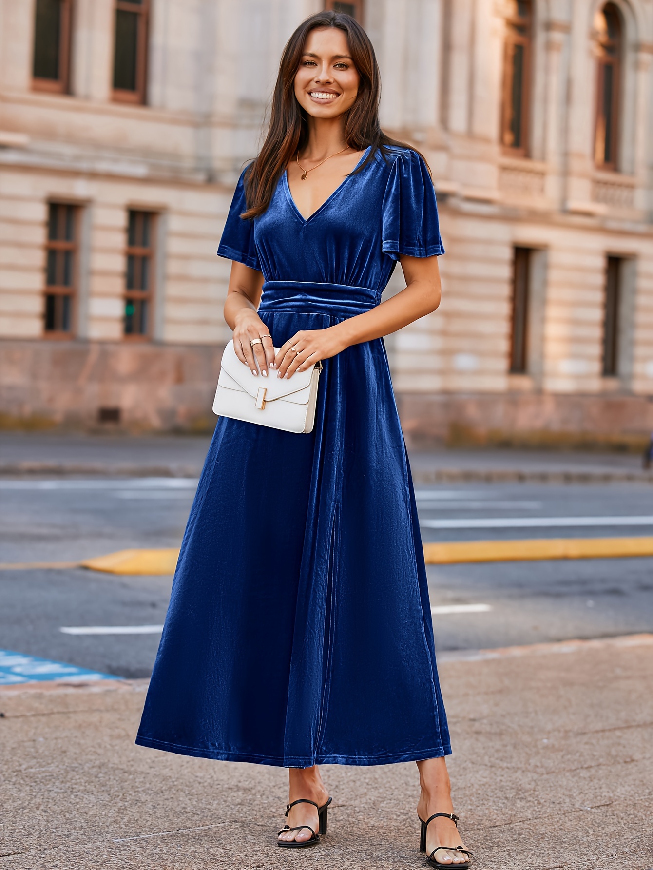 womens velvet maxi dress v neck short sleeve empire waist - Temu