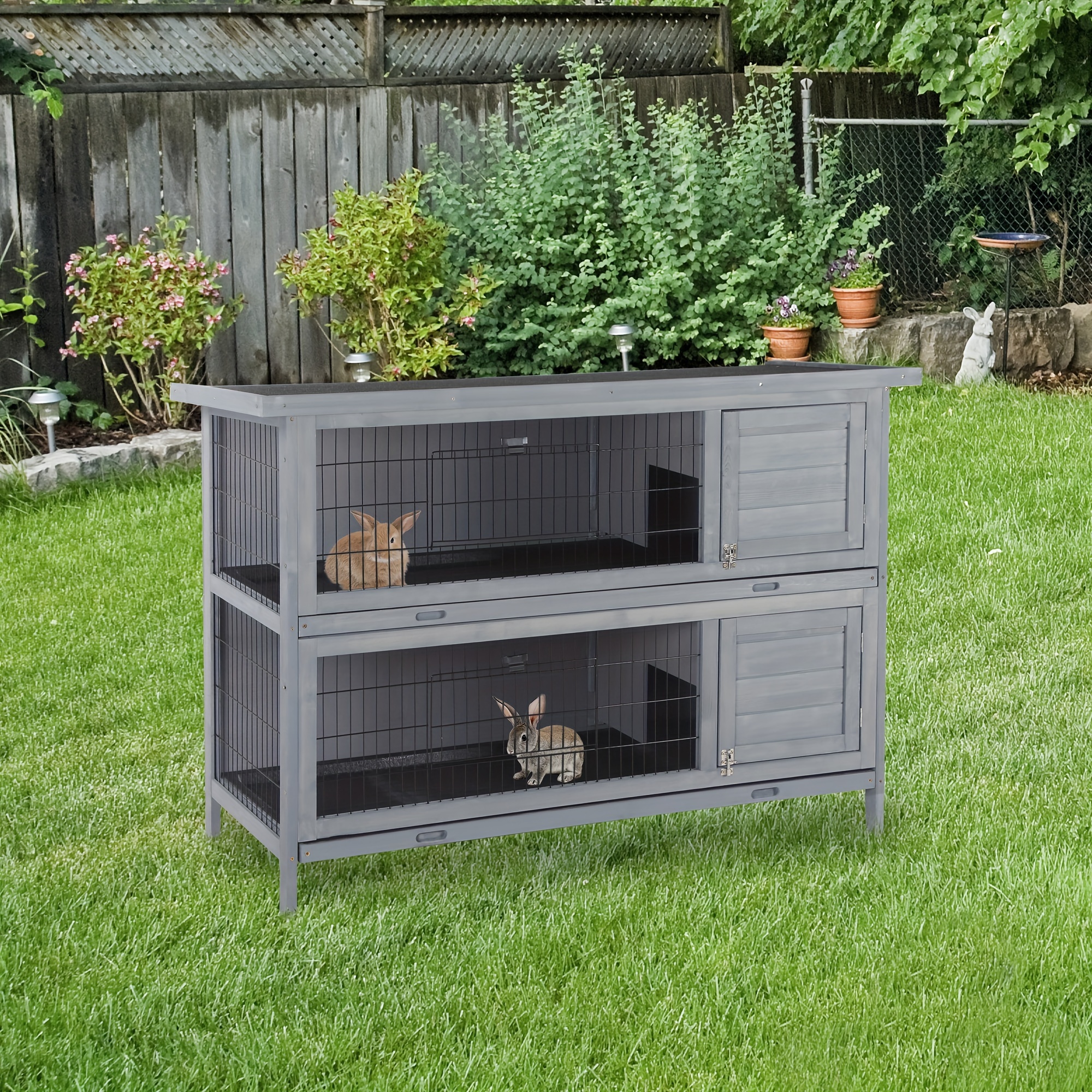 

Pawhut 54" 2-story Large Rabbit Hutch Bunny Cage Wooden Pet House Small Animal Habitat With Lockable Doors, No Leak Tray And Waterproof Roof For Outdoor/indoor Grey