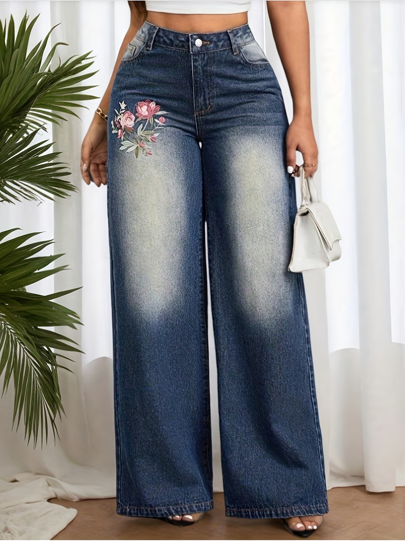 2026 Spring/Summer New Floral Embroidered Stretch Wide-Leg Pants, Loose Fit Wide-Leg Jeans, Embroidered Wide-Leg Women's Washed Denim Pants