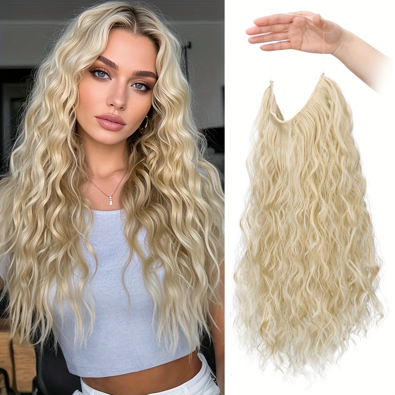 TEMU Long Synthetic Fishing Line Hair Extensions Elegant Water Wave Curly Styles For Women Lightweight Fluffy-looking Hairpiece