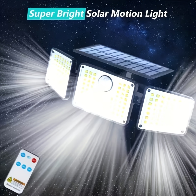 TEMU 164 Led 3-head Solar Motion Sensor Street Lights, Solar Powered Spot Light With Remote, Ip65 Solar Security Wall Lamp Outdoor, 3 Lighting , 270°