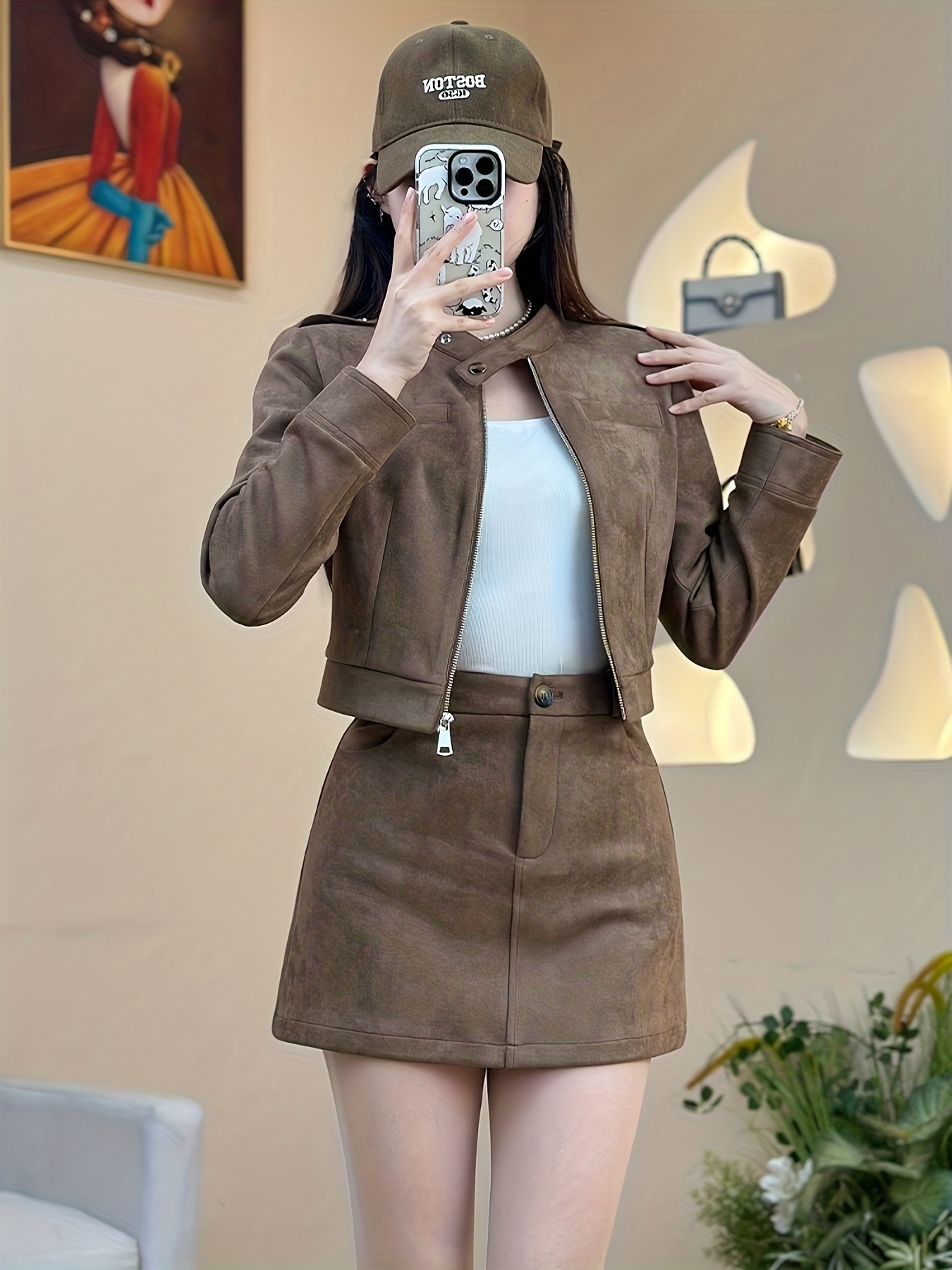 womens motorcycle style sweet cool 2pcs set spring autumn short zip up jacket high waist a line mini skirt   vintage hot streetwear womens fall clothing womens outfit details 2