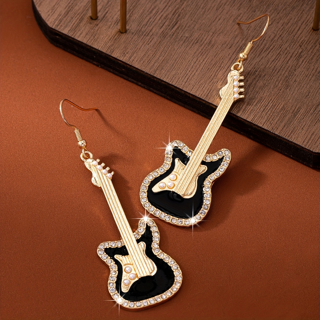TEMU A Pair Of Exquisite Black And Golden Contrast Diamonde-embellished Guitar Earrings, Daily Festivals, Women's Fashion, Music Festival Jewelry