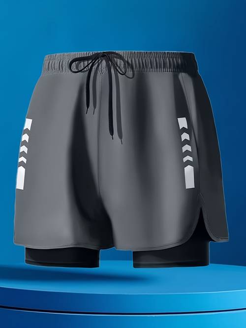mens casual solid color drawstring swim trunks double layer loose fit anti embarrassment for running and fitness wear with side stripe comfortable