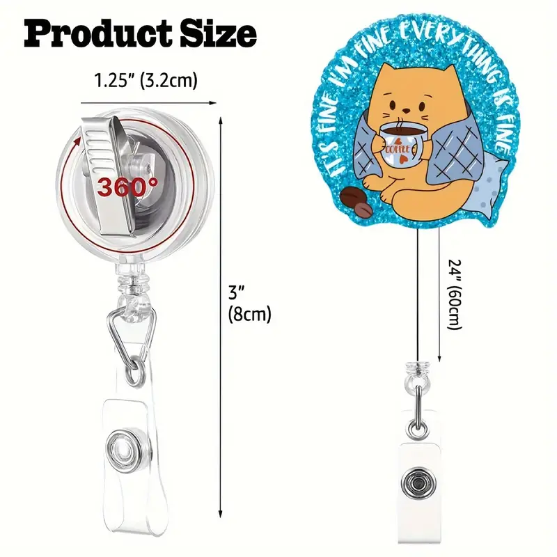1pc It's Fine I'm Fine Everything Is Fine Blue Retractable Glitter Badge Reel with Alligator Clip, Funny Badge Holder Gift for Cat Lover Coffee