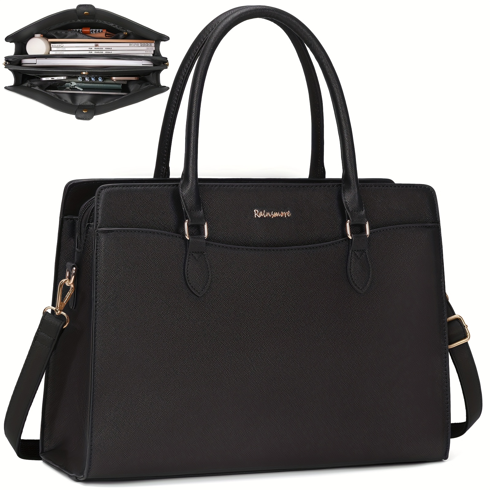 Rainsmore Handbag Women's Shopper Bag Women's Large Work Bag Laptop Bag Women's 15.6 Inch Pu Leather Briefcase For Business Work, Black, L, Contemporary