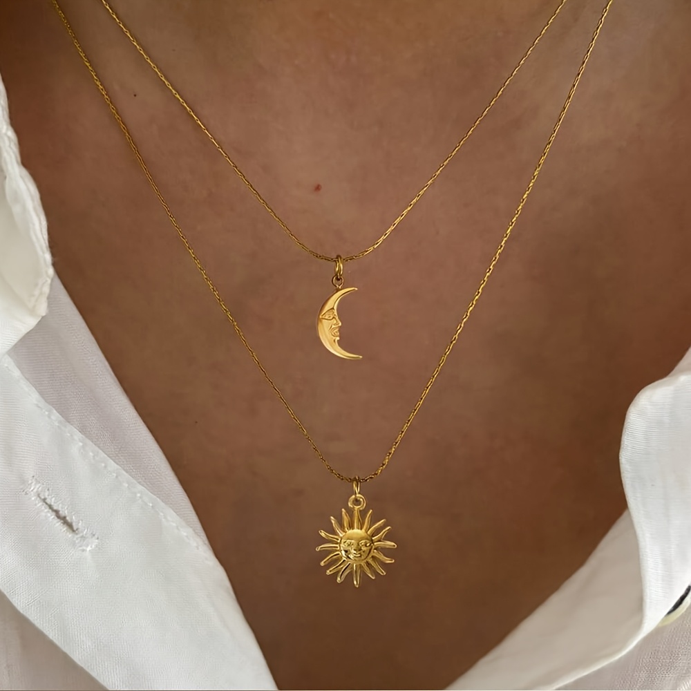 TEMU 1pc Collier avec pendentif lune souriante et soleil double couche en acier inoxydable bohème, idéal pour les vacances d'été, les quotidiens, les