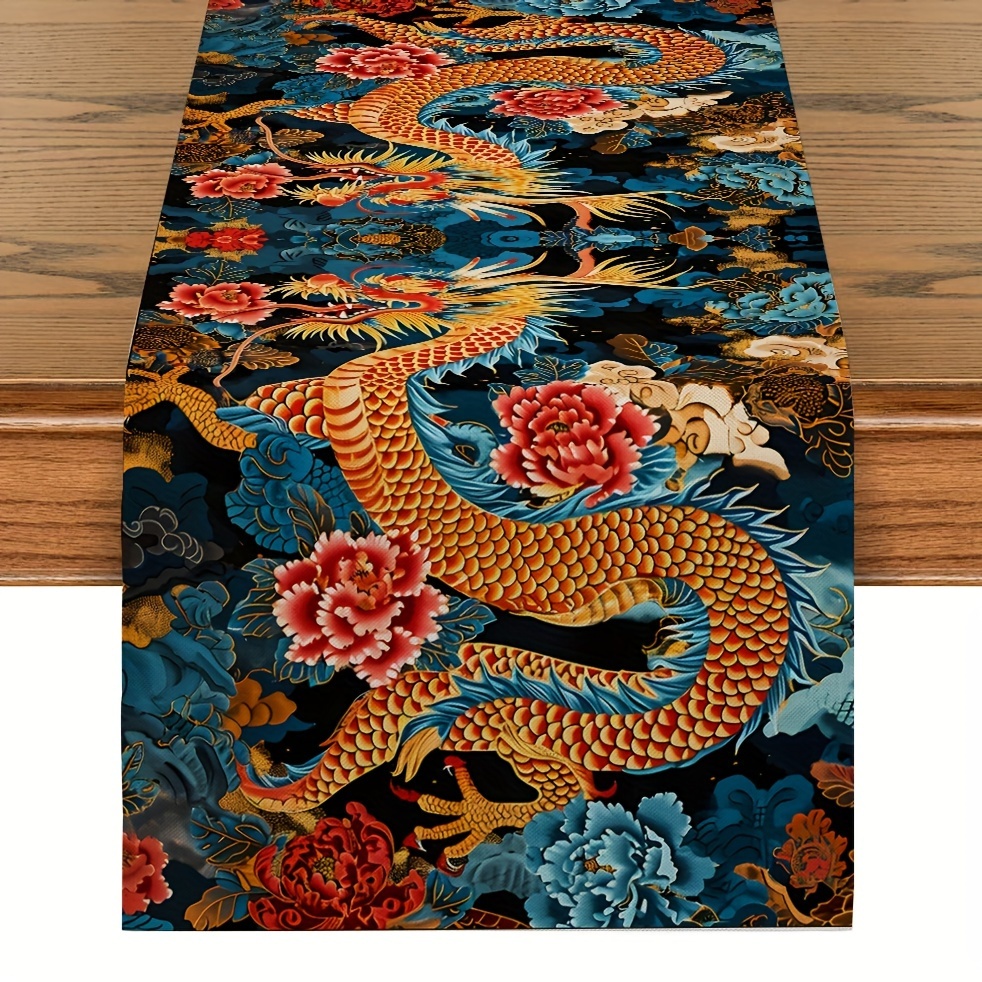 

1pc Decorative Table Runner, Chinese Style Ethnic Pattern Flower Animal Dragon Print Decorative Table Runner, Tabletop Supplies, Table Accessories