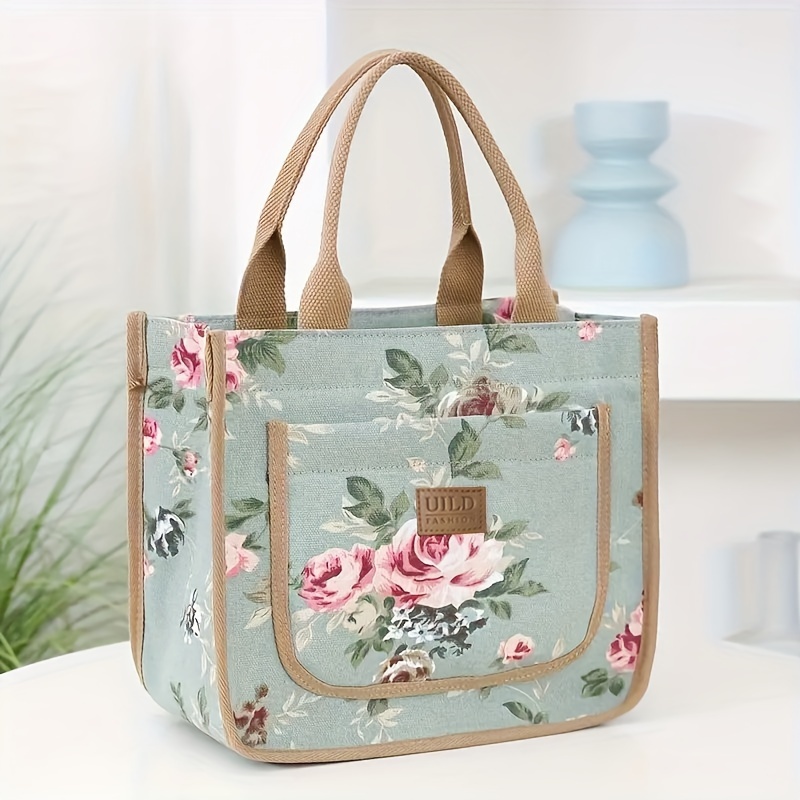 

Canvas Lunch Bag With Floral Print, Large Capacity Portable Tote For Office And Picnic, Hand Washable, Color Rectangle Shape With Random - 1 Piece