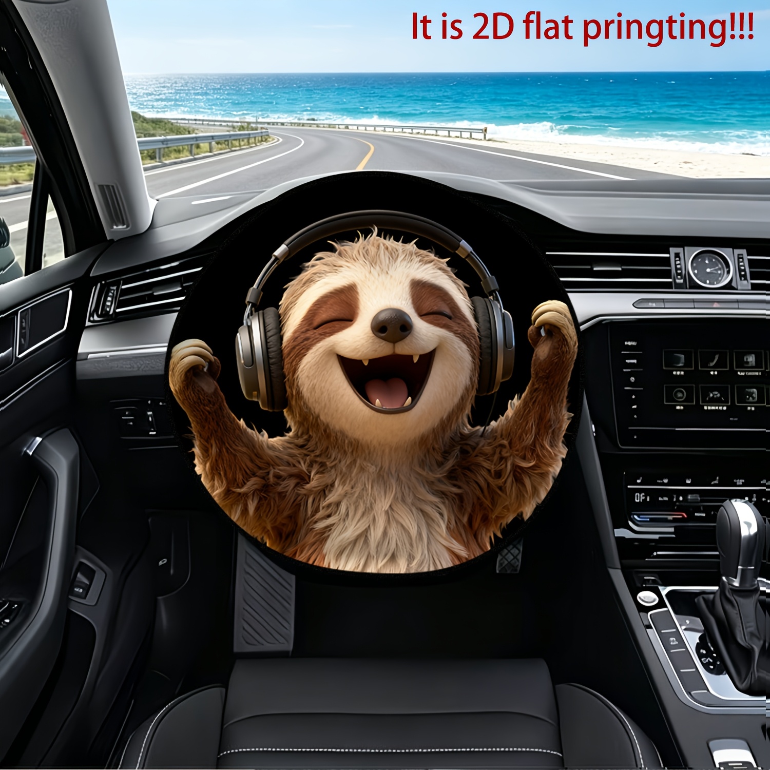 TEMU 1pc - Sloth Wearing Headphones Singing Printed Pattern Steering Wheel Sunshade Cover, Keeping Car Cool And Protected, Heat Insulation, Sunshade,