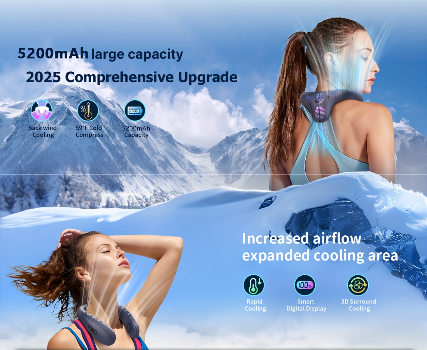 Neck Fan with Back Airflow, Ultra-Long Battery Life of 5200Mah, USB Fan Featuring Semiconductor Cooling Airflow, Bladeless Design, Portable Silent Air Conditioner, Rechargeable Essential for Holidays, Suitable for Both Women And Men