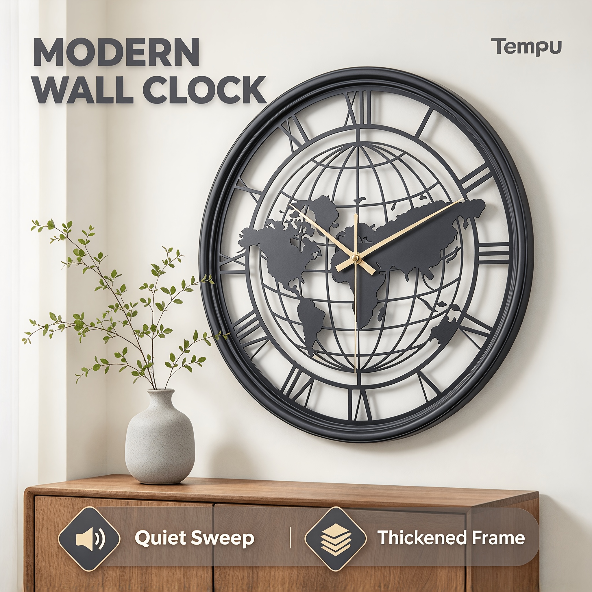 TEMU Horloge Murale Carte du Monde à l'Échelle de Rome en Fer avec Cadre Métallique Disponible en (Noir/Doré/Argenté) Convient pour la Décoration du