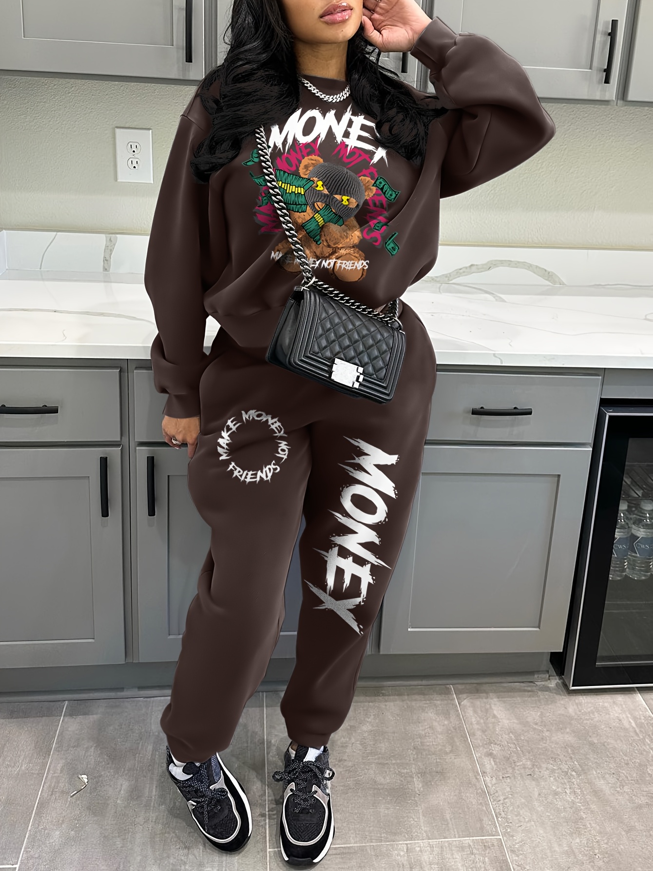 conjunto casual sudadera pantalones estampado money mujer Temu