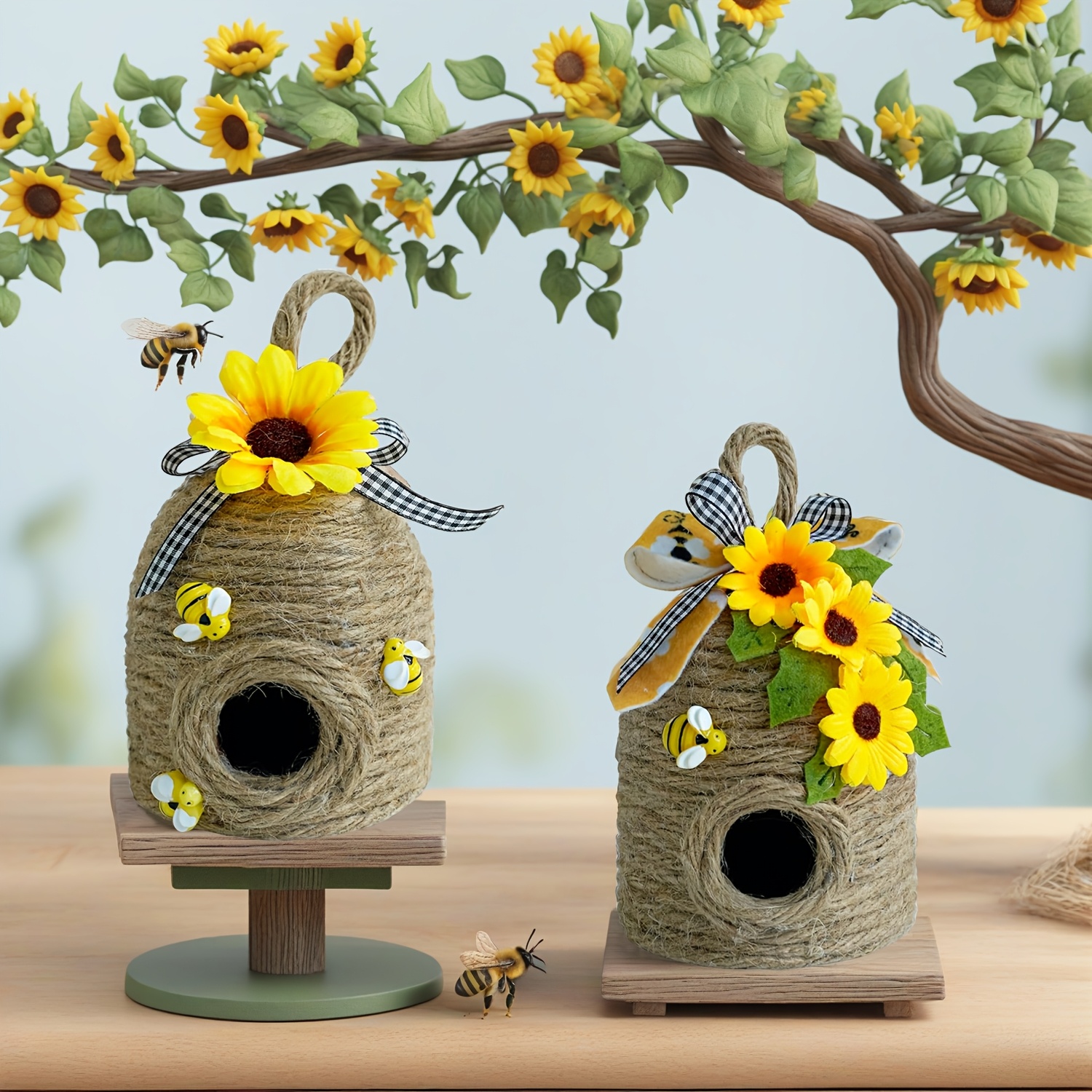 

2-pack Style Sunflower Jute Bee Hive Decorations, Polyester Tiered Tray Decor For Home, Coffee Table, Bookshelf, Farmhouse Kitchen, Spring Seasonal Decor, No Electricity Needed