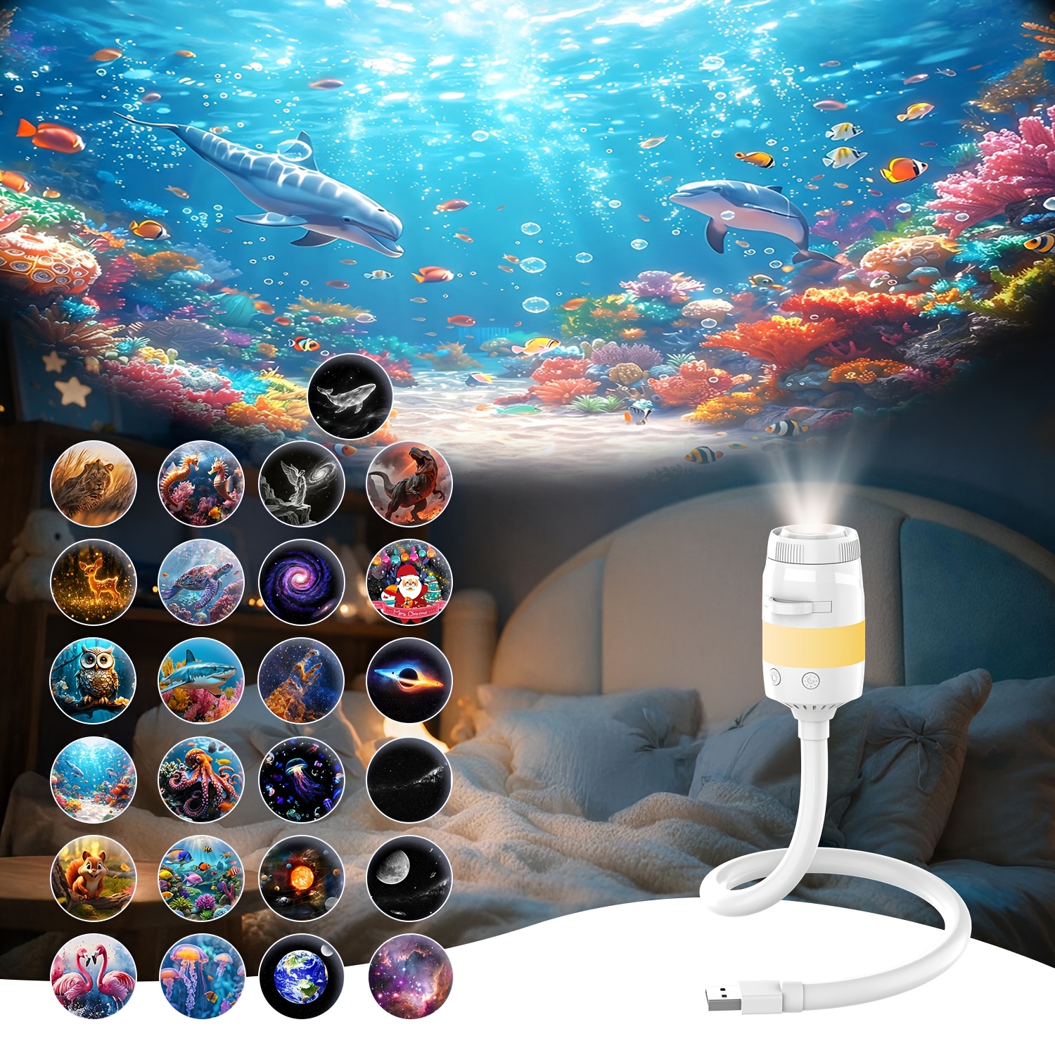 TEMU 2-in-1 Projector Night Light With 25 Interchangeable Slides - Usb-powered Marine & Space-themed Projector Suitable For,, Tabletop Projection