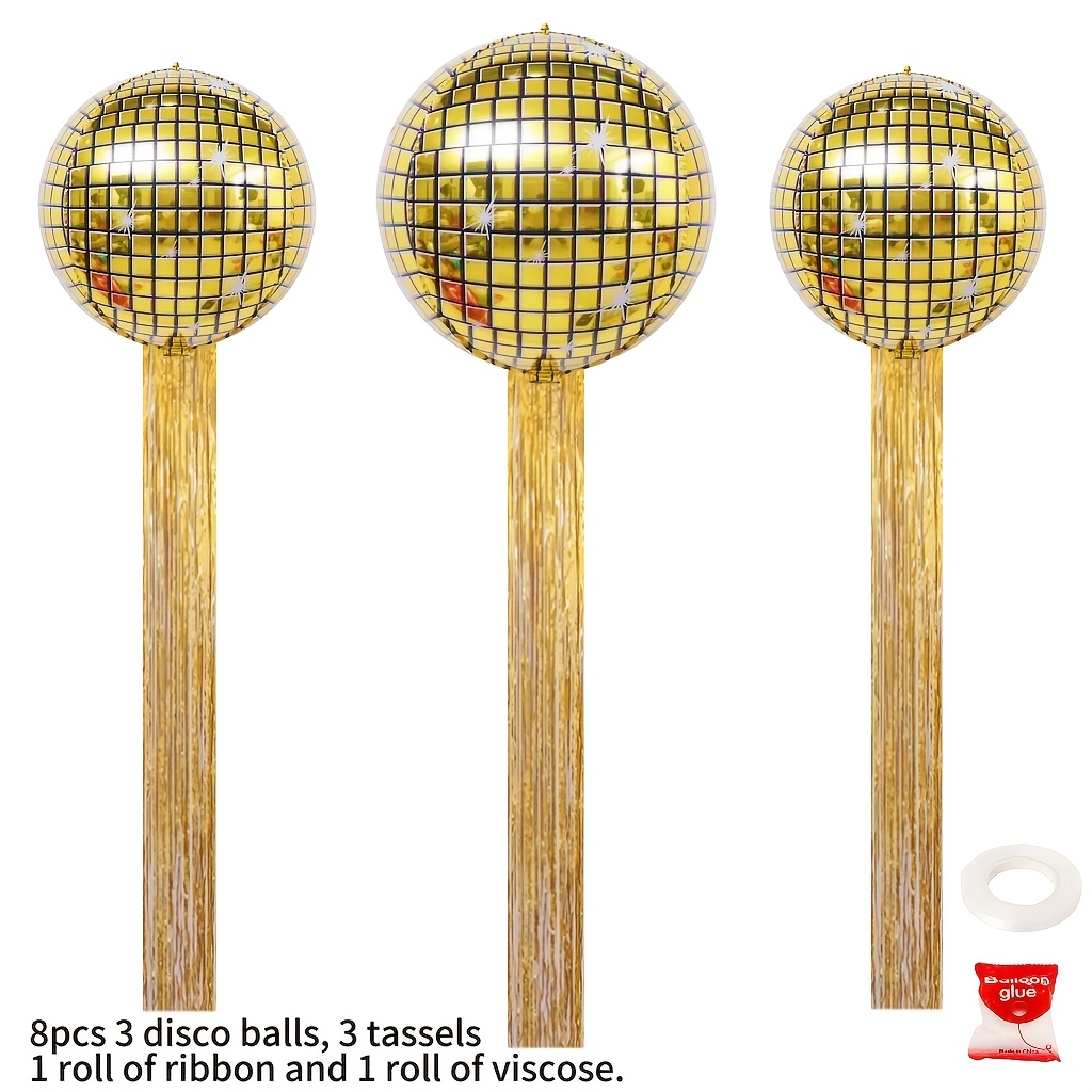 TEMU 8pcs Set Golden 4d Disco Ball Balloons With Metallic Tassels, Hanging Mirror Aluminum Foil Balloons, Disco Theme Party Birthday Bachelorette