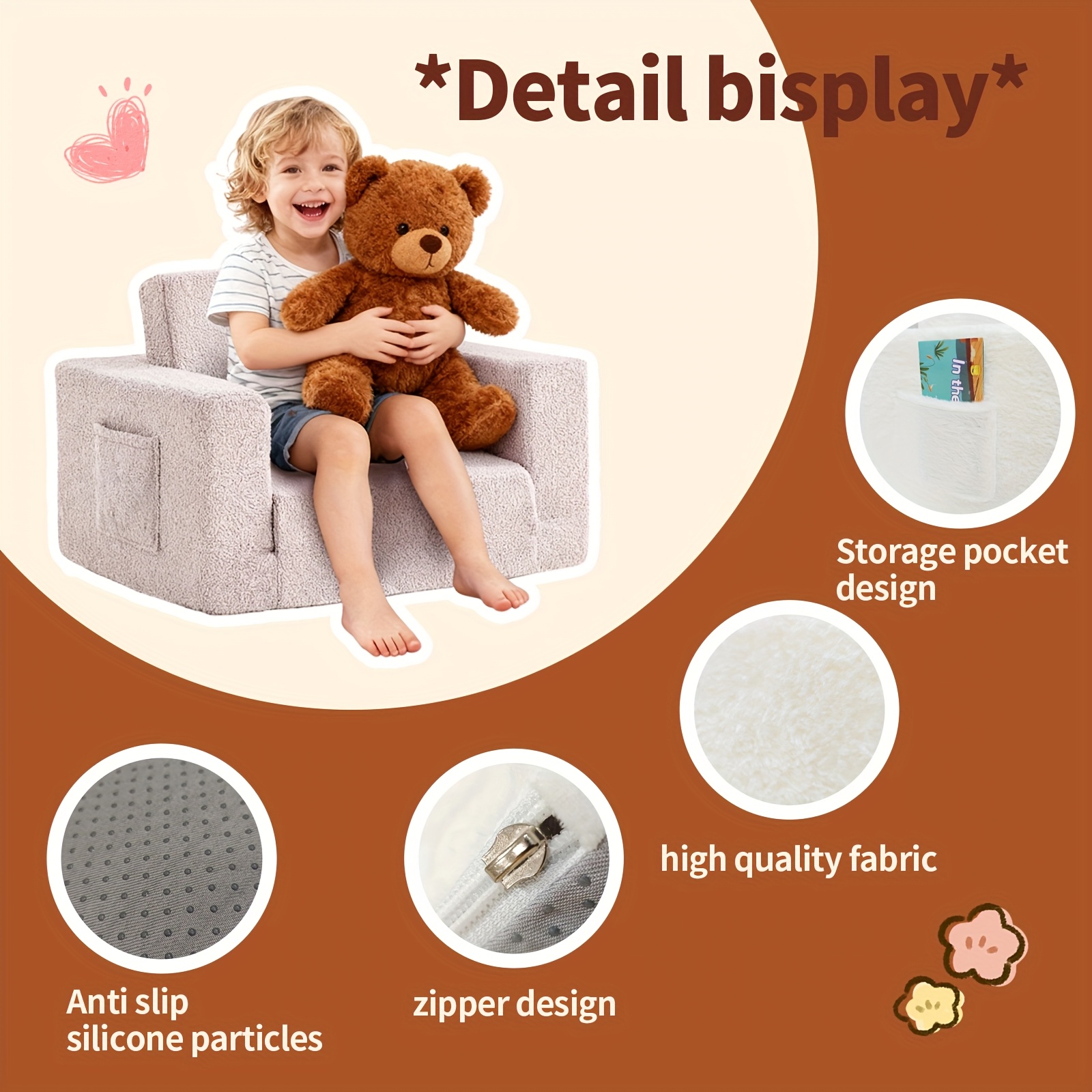 Kids Sofa 2-in-1 Convertible to Recliner Chair - Soft Plush Gray/Pink/White Youngsters Lounge Chair with Storage Pocket, Cozy Folding Playroom Furniture for Boys And Girls, Youngsters Playroom Furniture Pocketed Armrests | Velvet Upholstery, Chair
