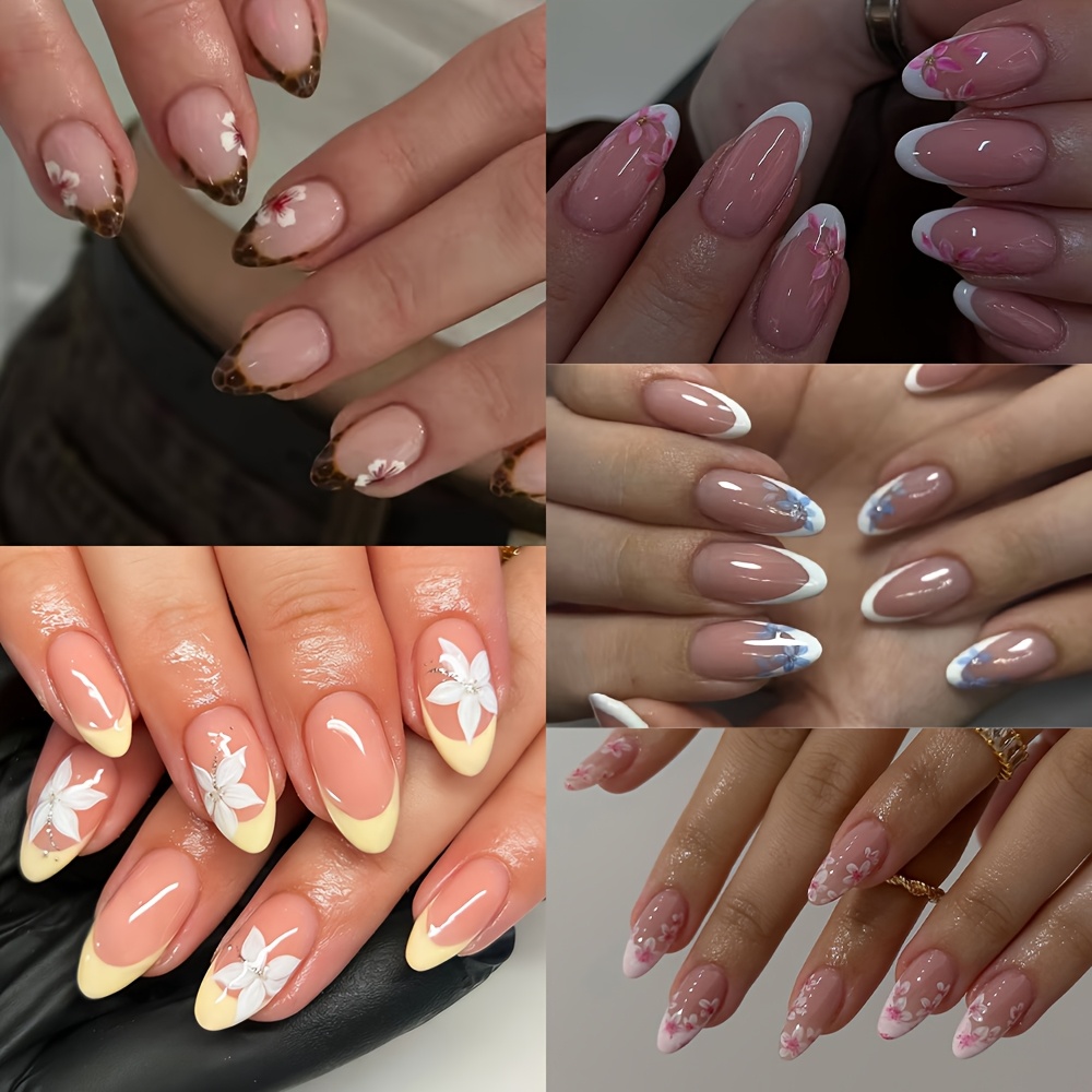 TEMU 150pcs Set, : Long Almond-shaped Nail Stickers With Floral And Leopard Print Patterns, Simple Design. Long Almond-shaped Fake Nail Kit Includes: