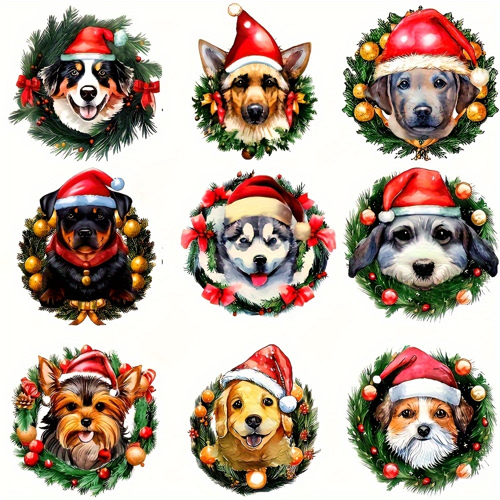 

9pcs Christmas Canine Decals, Assorted Dog Iron-on Patches For Diy T-shirts, Pillows, Clothing Embellishments, Applique Decorations