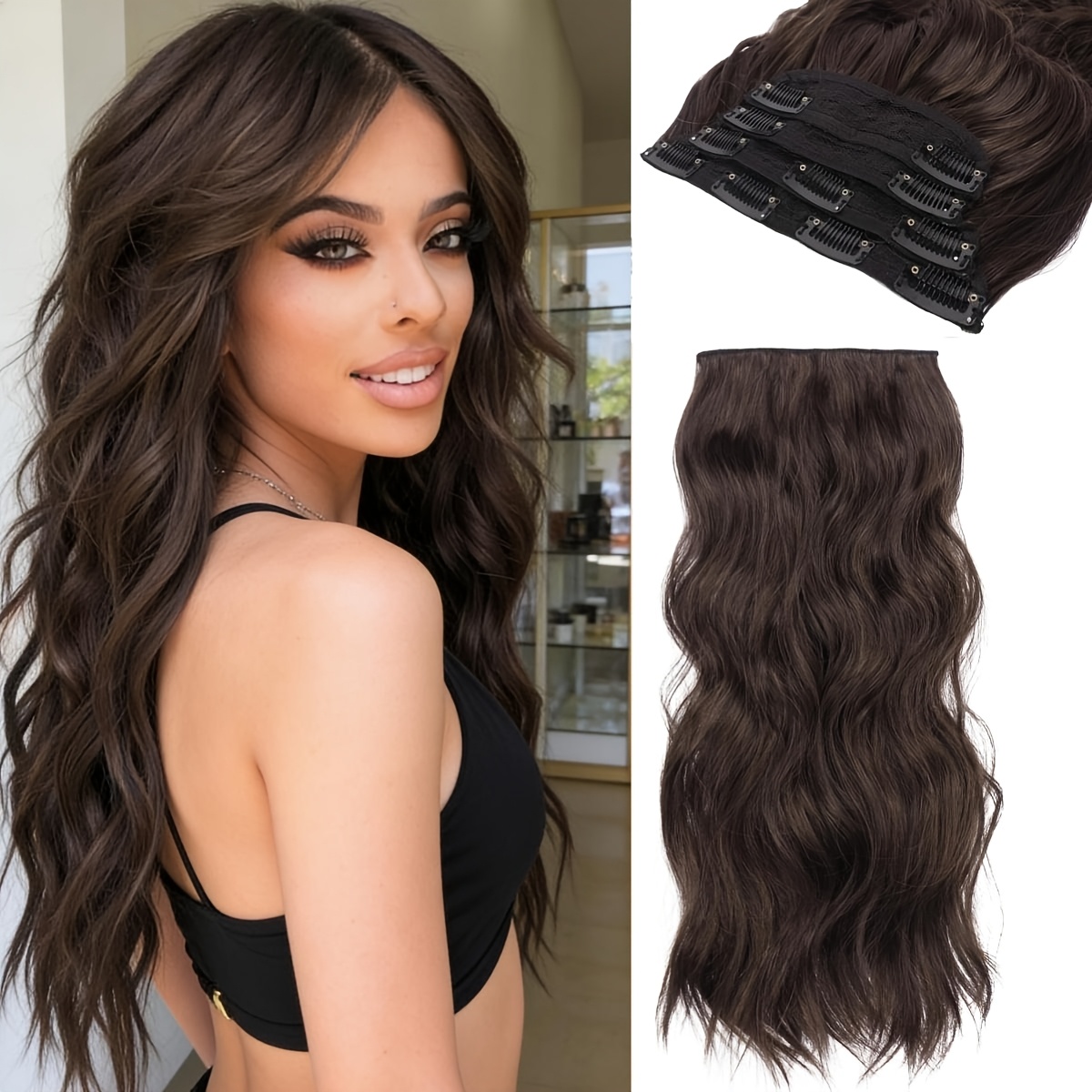 Image of 4pcs Barsdar Clip In Extensions | 45cm Synthetic Wavy Hair Extensions With Clips, Dark Brown, Body Wave, High Temperature Fiber, 180g For Women